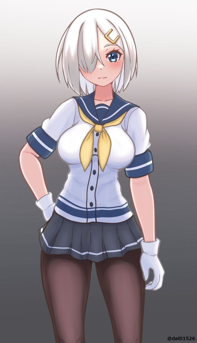1girl black_pantyhose blue_eyes breasts commentary_request daichi_(daiti1318) gloves gradient gradient_background grey_background grey_sailor_collar hair_ornament hair_over_one_eye hairclip hamakaze_(kancolle) highres kantai_collection large_breasts looking_at_viewer neckerchief pantyhose pleated_skirt sailor_collar school_uniform serafuku short_hair skirt solo white_gloves white_hair yellow_neckerchief