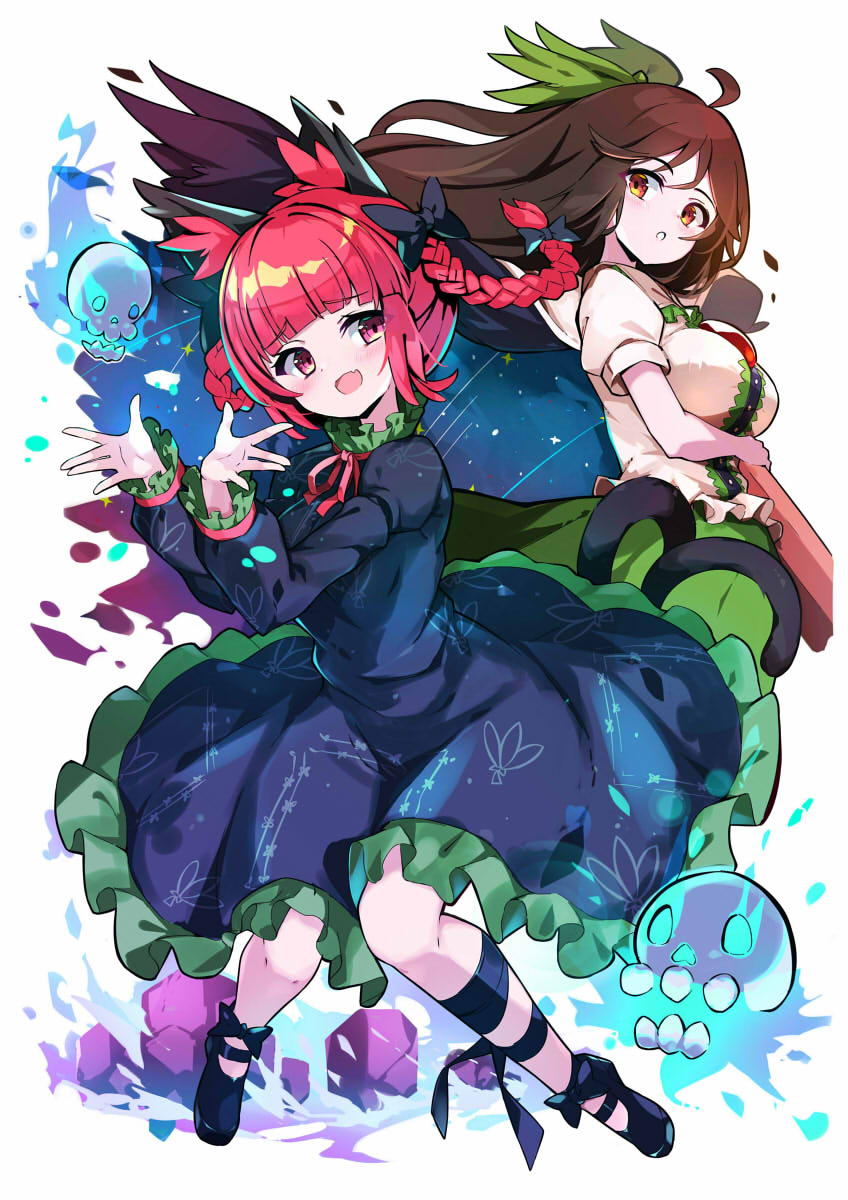 2girls :d :o ahoge animal_ear_fluff animal_ears arm_cannon bangs black_bow black_dress black_footwear black_ribbon blunt_bangs blush bow braid brown_hair cat_ears cat_tail commentary control_rod dress fang footwear_bow frilled_dress frills full_body green_bow green_skirt hair_bow highres hitodama juliet_sleeves kaenbyou_rin leg_ribbon long_hair long_sleeves looking_at_viewer mary_janes multiple_girls multiple_tails neck_ribbon omochishiki open_mouth orange_eyes puffy_sleeves red_eyes red_ribbon redhead reiuji_utsuho ribbon shirt shoes short_sleeves skin_fang skirt smile tail third_eye touhou twin_braids two_tails weapon white_shirt