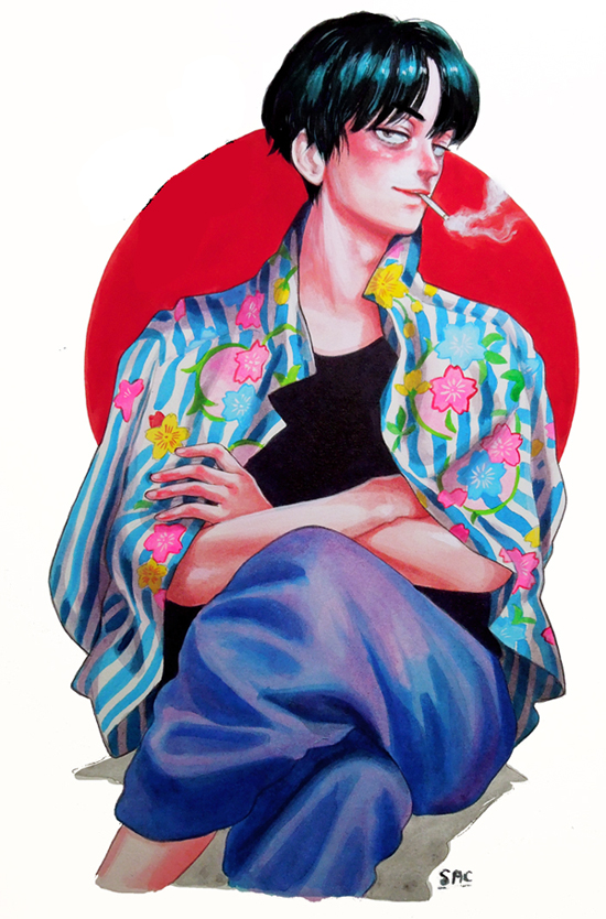 1boy black_hair cigarette crossed_arms crossed_legs floral_print jacket jacket_on_shoulders kaneoya_sachiko looking_at_viewer male_focus mouth_hold original pants print_jacket short_hair sitting smile smoking smug solo striped