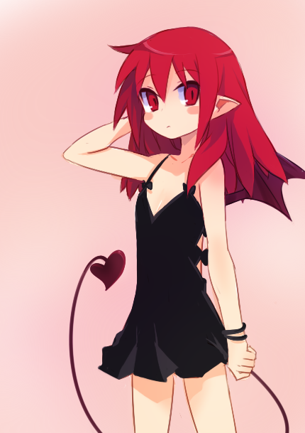 1girl alternate_hairstyle arm_behind_head arm_up bangs black_dress blush_stickers cowboy_shot demon_girl demon_tail disgaea drawfag dress etna_(disgaea) looking_at_viewer non-web_source photoshop_(medium) pink_background pointy_ears red_eyes redhead short_dress simple_background solo spaghetti_strap tail