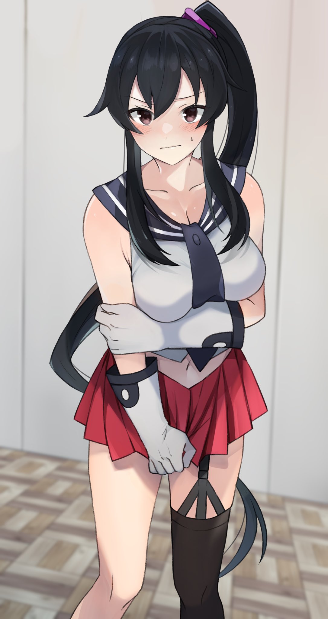 1girl arm_under_breasts asymmetrical_legwear black_hair black_necktie black_sailor_collar breasts closed_mouth commentary_request commission garter_straps gloves hand_on_own_arm highres holding_own_arm kantai_collection long_hair looking_at_viewer medium_breasts midriff necktie pleated_skirt ponytail red_eyes red_skirt sailor_collar school_uniform scrunchie serafuku shirt sidelocks single_thighhigh skeb_commission skirt sleeveless sleeveless_shirt solo thigh-highs toriniku_senshi_chikinman uneven_legwear white_gloves white_shirt yahagi_(kancolle)