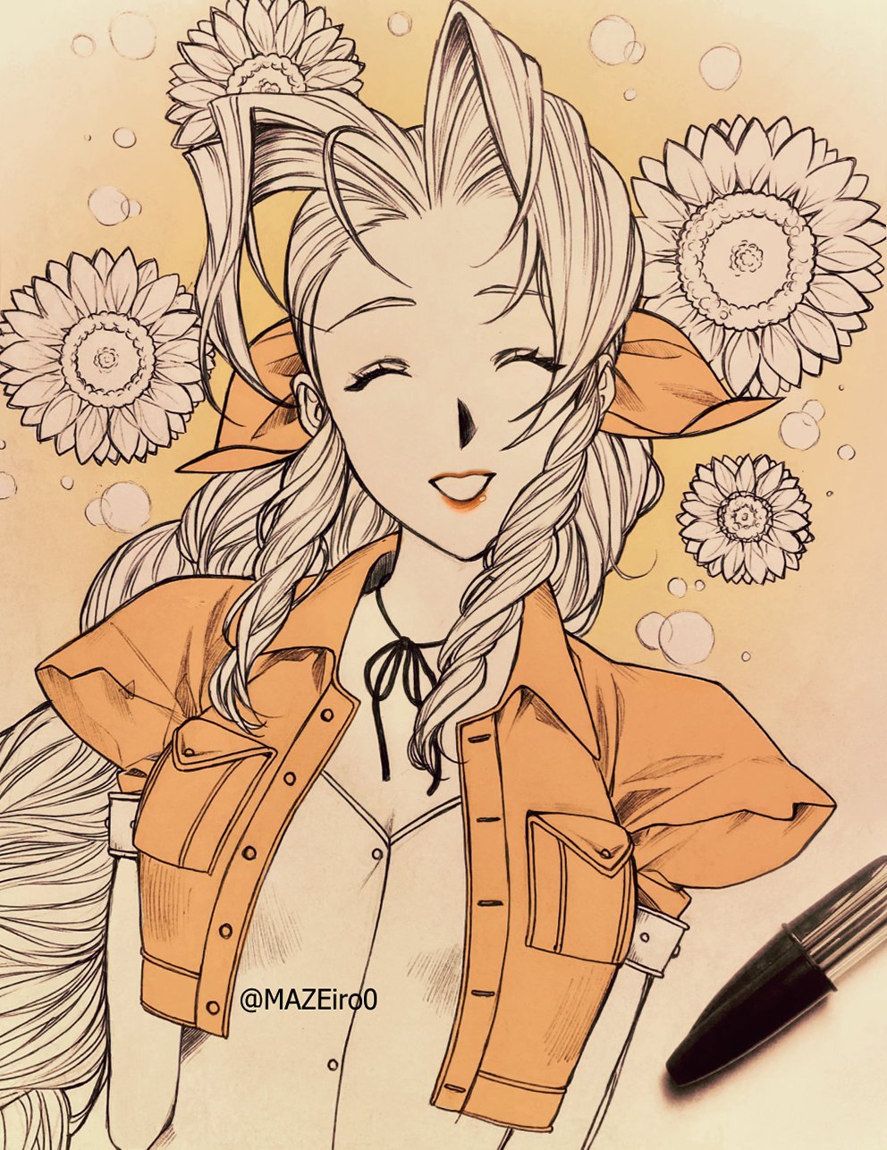 1girl aerith_gainsborough arms_behind_back ballpoint_pen_(medium) bangs braid braided_ponytail breasts choker closed_eyes cropped_jacket facing_viewer final_fantasy final_fantasy_vii floral_background flower hair_ribbon highres maze_draws medium_breasts parted_bangs parted_lips puffy_short_sleeves puffy_sleeves ribbon ribbon_choker short_sleeves sidelocks smile solo sunflower traditional_media twitter_username upper_body wavy_hair