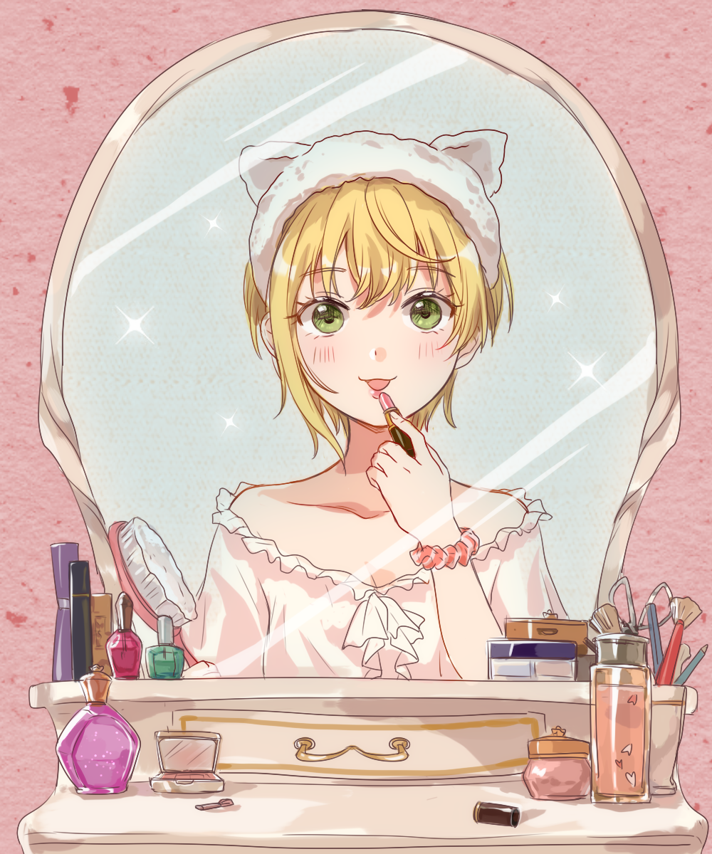 1girl 270_(woshizongg) animal_ears bangs blonde_hair bottle chinese_commentary collarbone cosmetics drawer face_powder frilled_shirt frills green_eyes hair_brush hand_mirror headwear_request highres holding_hair_brush idolmaster idolmaster_cinderella_girls light_blush lipstick_tube looking_at_mirror makeup makeup_brush mascara mirror miyamoto_frederica nail_polish_bottle off-shoulder_shirt off_shoulder pencil perfume_bottle pink_lips pink_lipstick_tube pink_shirt scissors shirt short_hair solo table tongue tongue_out vanity_table white_headwear