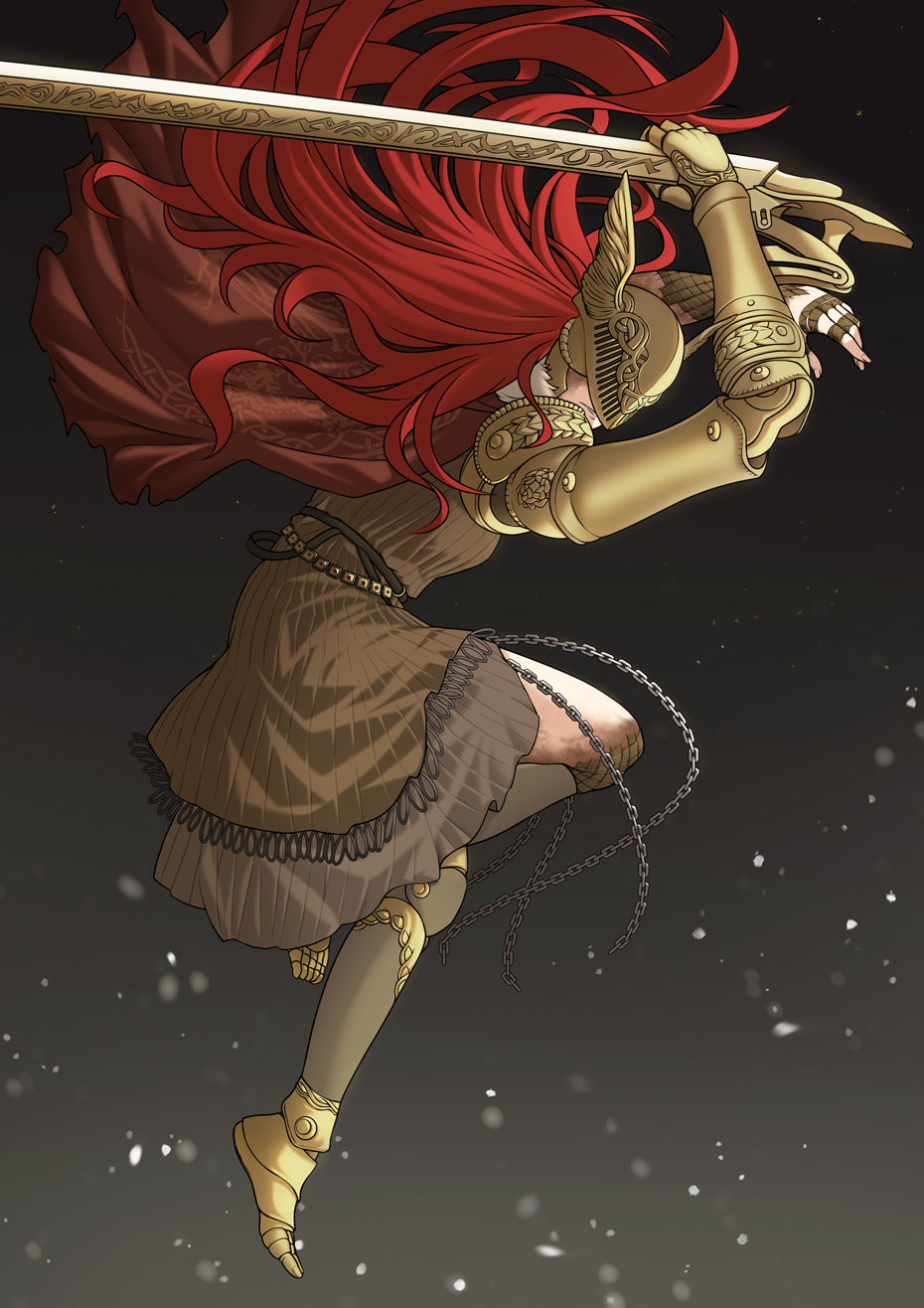 1girl amputee armor bbk_(13zk) blade breasts cape closed_mouth covered_eyes dress elden_ring gold_armor helmet highres holding holding_sword holding_weapon long_hair malenia_blade_of_miquella mechanical_arms prosthesis prosthetic_arm prosthetic_leg red_cape redhead simple_background single_mechanical_arm solo sword triple_amputee very_long_hair weapon winged_helmet
