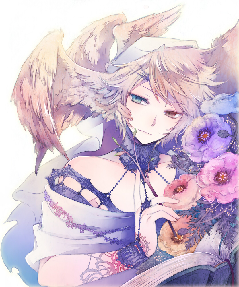 1boy anemone_(flower) aqua_eyes arm_tattoo bangs black_collar blonde_hair blue_flower blue_shirt book branch bridal_gauntlets brown_eyes circlet collar commentary english_commentary feathered_wings flower gradient_clothes gradient_shirt head_tilt heterochromia holding holding_branch kuroyuki leaf light_smile looking_at_viewer male_focus multiple_wings off-shoulder_shirt off_shoulder open_book orange_flower original pink_flower purple_flower red_flower shirt short_hair simple_background single_bridal_gauntlet solo tattoo upper_body veil white_shirt wing_ears wings