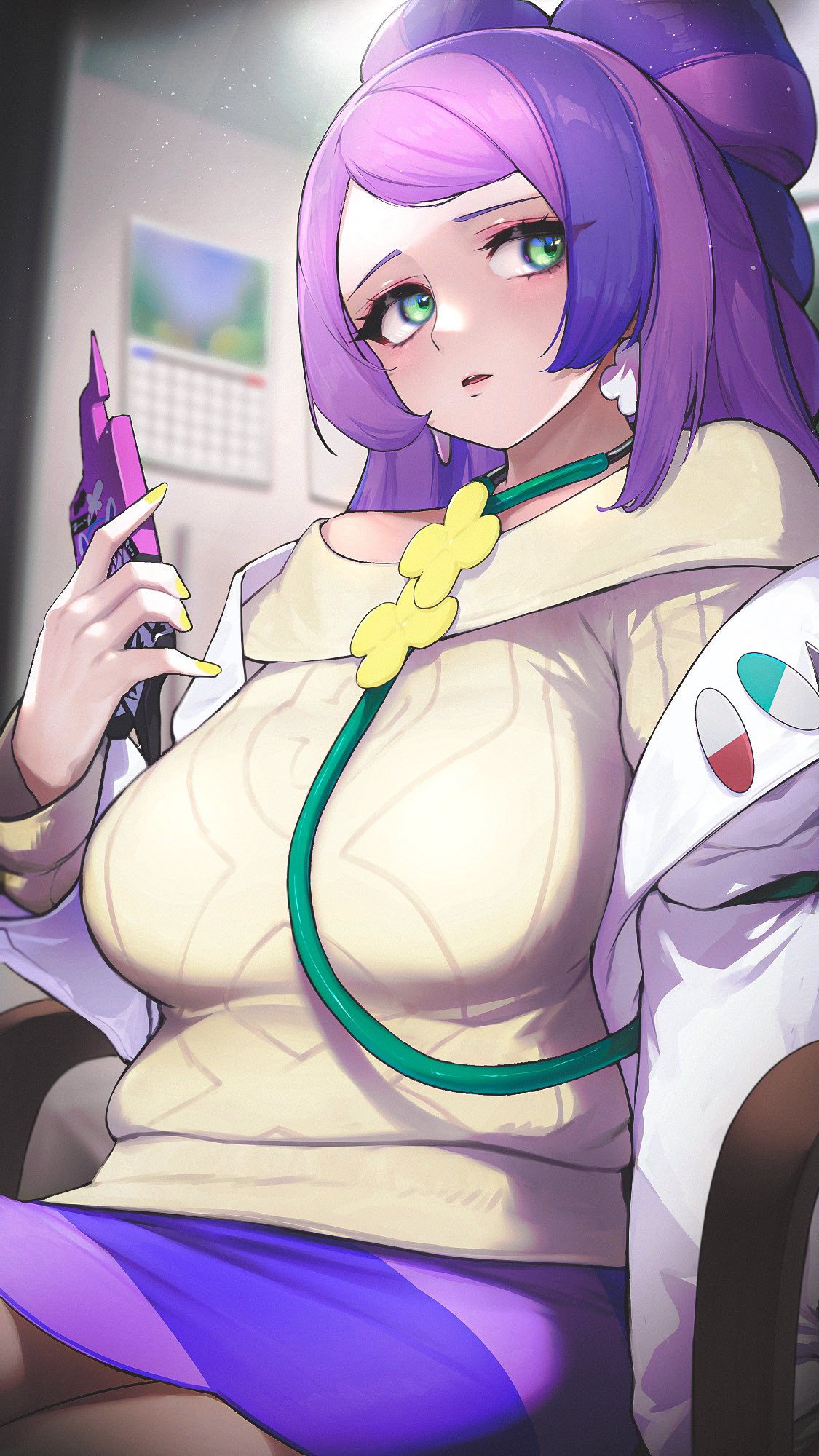 1girl alternate_breast_size blush breasts cellphone coat earrings green_eyes highres holding holding_phone jewelry kashu_(hizake) labcoat large_breasts long_hair long_sleeves miriam_(pokemon) multicolored_hair open_clothes open_coat phone pokemon pokemon_(game) pokemon_sv purple_hair smartphone solo sweater two-tone_hair