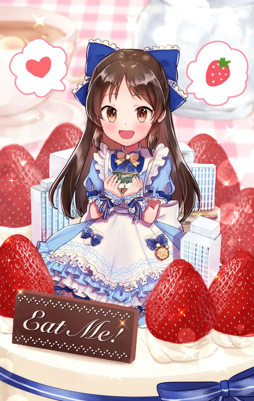 1girl apron back_bow bangs blue_bow blue_dress blush bow bowtie brown_eyes brown_hair building cake chocolate commentary cup dress female_child food frilled_apron frilled_bow frills fruit hair_bow hands_up heart highres holding holding_toy idolmaster idolmaster_cinderella_girls layered_dress long_hair looking_at_viewer minigirl official_alternate_costume open_mouth puffy_short_sleeves puffy_sleeves saucer short_sleeves sidelocks sitting smile solo sparkle spoken_food spoken_heart strawberry tachibana_arisu teacup toririririre toy whipped_cream white_apron white_bow wrist_cuffs yellow_bow yellow_bowtie