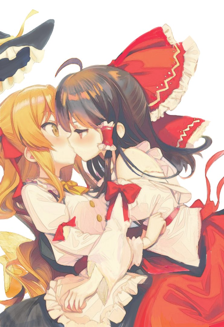 2girls ahoge apron bangs black_hair black_headwear black_skirt blonde_hair blush bow commentary frilled_bow frilled_hair_tubes frills hair_bow hair_tubes hakurei_reimu hat hat_removed headwear_removed irumina777 kirisame_marisa kiss long_hair long_sleeves multiple_girls off-shoulder_shirt off_shoulder red_bow red_eyes red_skirt shirt simple_background skirt touhou upper_body white_apron white_background white_shirt yellow_eyes yuri