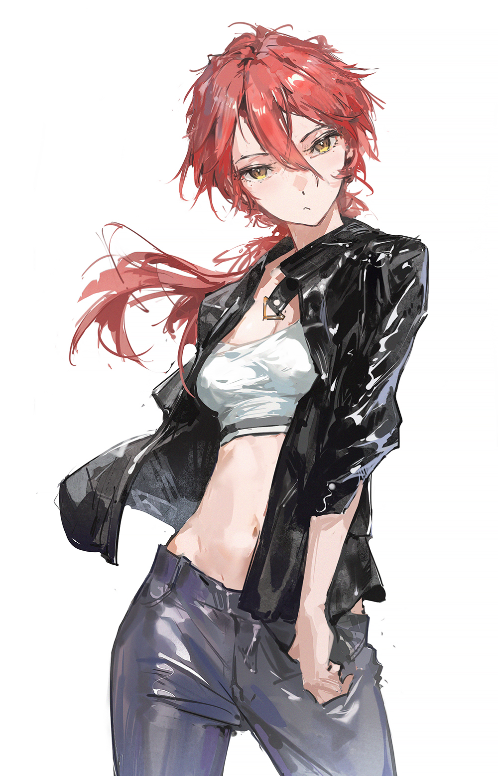 bangs breasts closed_mouth denim dino_(dinoartforame) frown hair_between_eyes hand_in_pocket head_tilt highres jacket jeans leather leather_jacket long_hair looking_at_viewer midriff navel open_clothes open_jacket original pants ponytail redhead simple_background small_breasts strapless tomboy tube_top white_background white_tube_top yellow_eyes