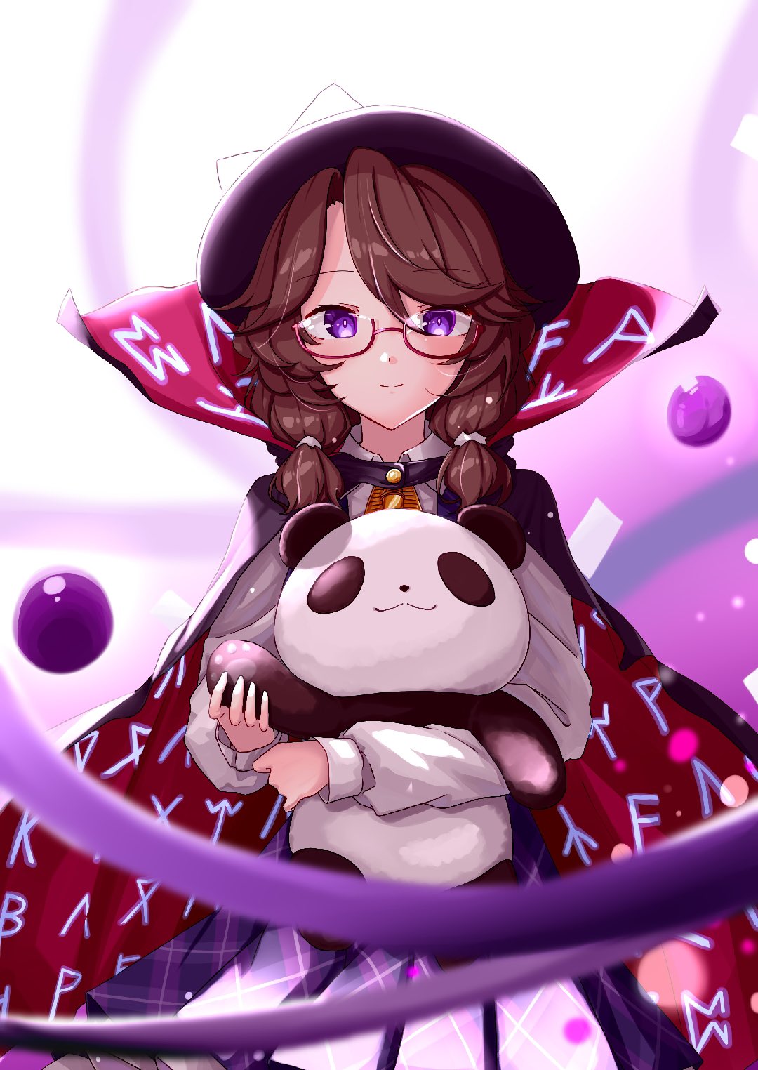 1girl brown_hair cape cloak closed_mouth clothes_writing commentary_request english_commentary high_collar highres holding holding_stuffed_toy low_twintails medium_hair object_hug purple_skirt purple_vest red-framed_eyewear red_cape runes semi-rimless_eyewear skirt smile solo stuffed_animal stuffed_panda stuffed_toy t-hou touhou twintails usami_sumireko vest violet_eyes