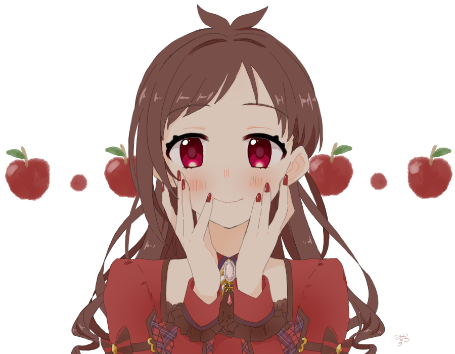 1girl antenna_hair apple ascot blush brooch detached_collar dress fingerless_gloves food fruit gloves hands_on_own_cheeks hands_on_own_face idolmaster idolmaster_cinderella_girls idolmaster_cinderella_girls_starlight_stage jewelry looking_at_viewer mizunoiro_hs nail_polish red_dress red_eyes simple_background smile solo tsujino_akari upper_body wavy_hair wrist_cuffs