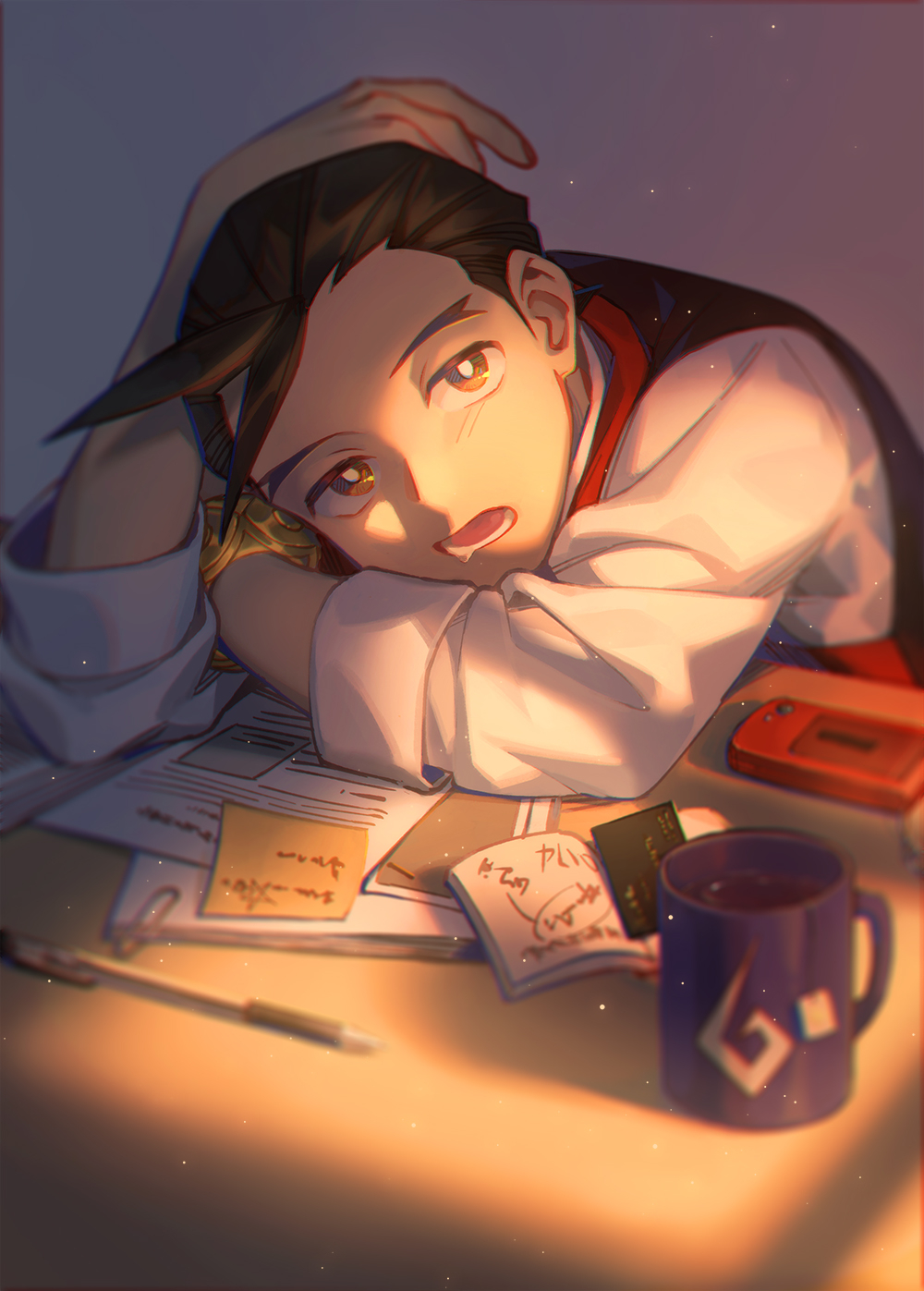 1boy ace_attorney antenna_hair apollo_justice bracelet brown_eyes brown_hair cellphone collared_shirt cup desk gradient gradient_background hi-fi_(fijazzy) highres jewelry light_rays male_focus mug notebook open_mouth paperclip pen phone red_vest saliva shirt short_hair simple_background sleepy sleeves_rolled_up solo sticky_note sunbeam sunlight translation_request v-shaped_eyebrows vest white_shirt