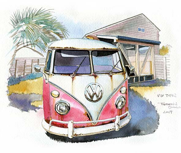 2019 artist_name car ground_vehicle headlight house motor_vehicle no_humans original painting_(medium) palm_tree solo traditional_media tree vehicle_focus vehicle_name volkswagen volkswagen_type_2 wada_takayoshi watercolor_(medium)