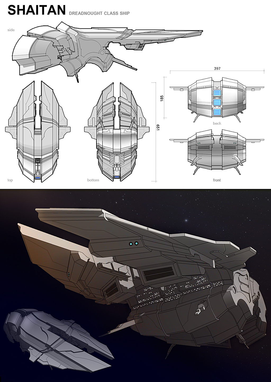 3d battleship_(eve_online) commentary concept_art english_text eve_online from_above from_behind from_below from_side highres military military_vehicle multiple_views outdoors polarlex science_fiction sky space spacecraft star_(sky) starry_sky thrusters vehicle_focus
