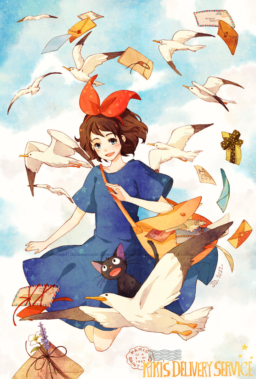 1girl 2012 animal bag bangs bird blue_eyes blush bow brown_hair cat copyright_name dress envelope floating flower hair_bow highres jiji_(majo_no_takkyuubin) joanna_(mojo!) kiki_(majo_no_takkyuubin) lavender_(flower) letter mail mailbag majo_no_takkyuubin open_mouth riding_bird seagull short_hair short_sleeves shoulder_bag sky smile solo