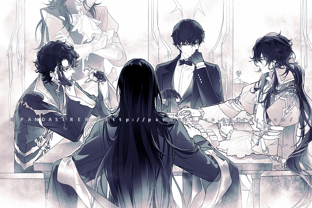 6+boys amon_(lord_of_the_mysteries) angel antigonus_(lord_of_the_mysteries) bangs black_gloves bow bowtie chinese_commentary commentary_request crossed_arms elbow_on_table fog from_behind gloves gundongdejie hand_on_own_chin hands_on_own_head head_out_of_frame jacket jewelry klein_moretti kneeling long_hair looking_at_object lord_of_the_mysteries monochrome mr._door multiple_boys mysteries_(entity) playing reaching ring seat shirt short_hair sitting table watermark web_address white_shirt