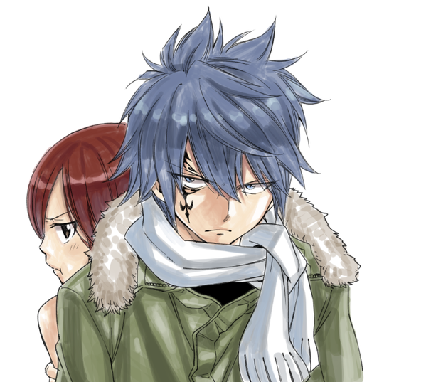 1boy 1girl back-to-back blue_eyes blue_hair blush coat couple erza_scarlet facial_mark fairy_tail frown fur-trimmed_coat fur_trim green_coat hair_between_eyes hetero jellal_fernandes mashima_hiro pout redhead scarf short_hair simple_background spiky_hair tattoo upper_body white_background white_scarf winter_clothes winter_coat