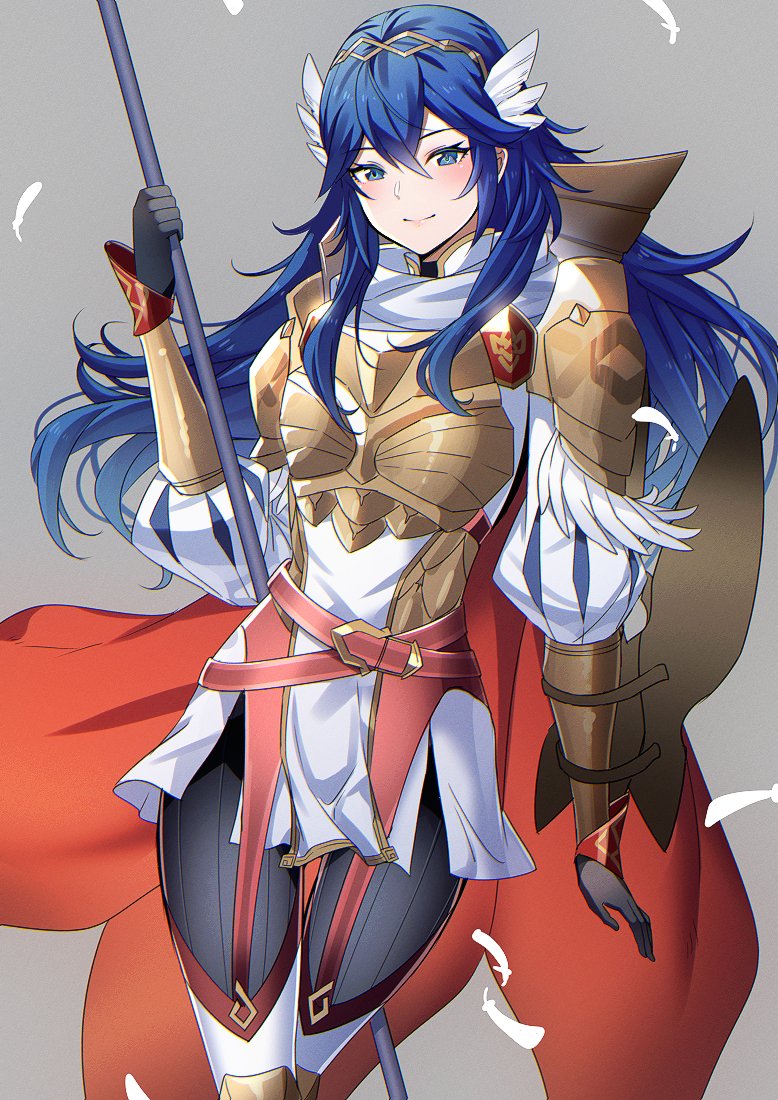 1girl ameno_(a_meno0) armor armored_dress bangs belt black_gloves black_pantyhose blue_eyes blue_hair blush boots breastplate cape closed_mouth crossed_belts cute dress feathers fire_emblem fire_emblem_awakening fire_emblem_heroes gloves grey_background hair_between_eyes hair_ornament holding holding_polearm holding_weapon intelligent_systems lips long_hair looking_at_viewer lucina_(fire_emblem) nintendo official_alternate_costume pantyhose pink_lips polearm red_belt red_cape shoulder_armor simple_background smile solo spear super_smash_bros. tiara two-tone_cape weapon white_armor white_cape white_footwear winged_hair_ornament