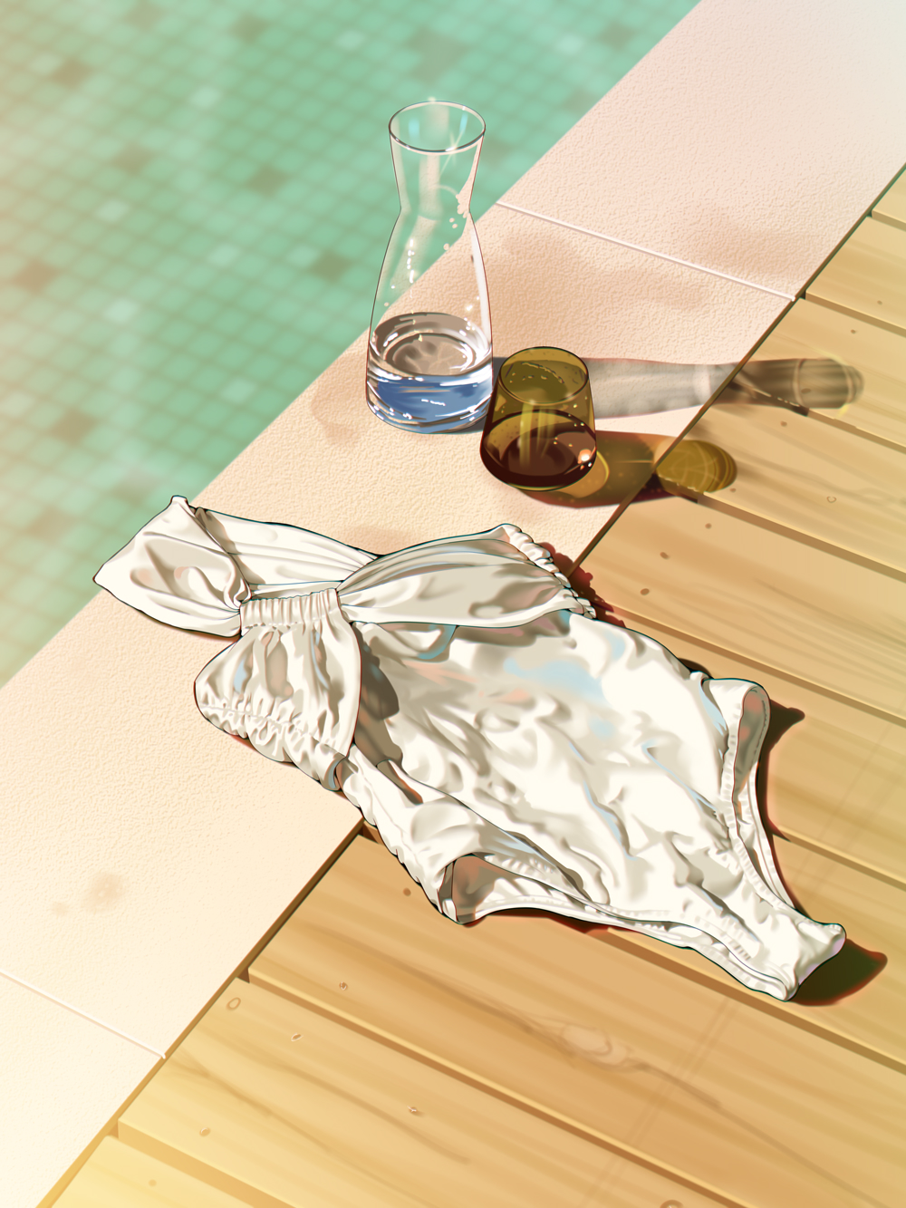 a.x. cup day drinking_glass highres no_humans one-piece_swimsuit original outdoors pool realistic swimsuit water