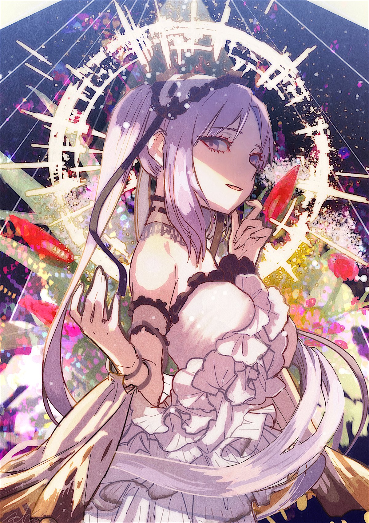 1girl abstract_background arm_garter bare_shoulders detached_collar dress fate/grand_order fate/hollow_ataraxia fate_(series) frilled_hairband frills hairband highres isagiyo lolita_hairband long_hair looking_at_viewer parted_lips purple_hair solo stheno_(fate) strapless strapless_dress twintails upper_body violet_eyes white_dress