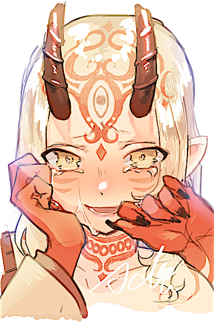 1girl blonde_hair close-up crying crying_with_eyes_open facial_mark fate/grand_order fate_(series) fingernails forehead_mark horns ibaraki_douji_(fate) isagiyo japanese_clothes kimono long_hair looking_at_viewer oni oni_horns parted_lips pointy_ears sharp_fingernails single_bare_shoulder sketch straight-on tears wiping_tears yellow_eyes yellow_kimono