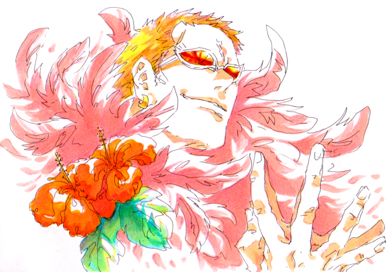 1boy blonde_hair donquixote_doflamingo earrings feather_coat feathers flower jewelry leaf male_focus mawari28 one_piece orange_flower own_hands_together portrait short_hair smile solo sunglasses upper_body white_background