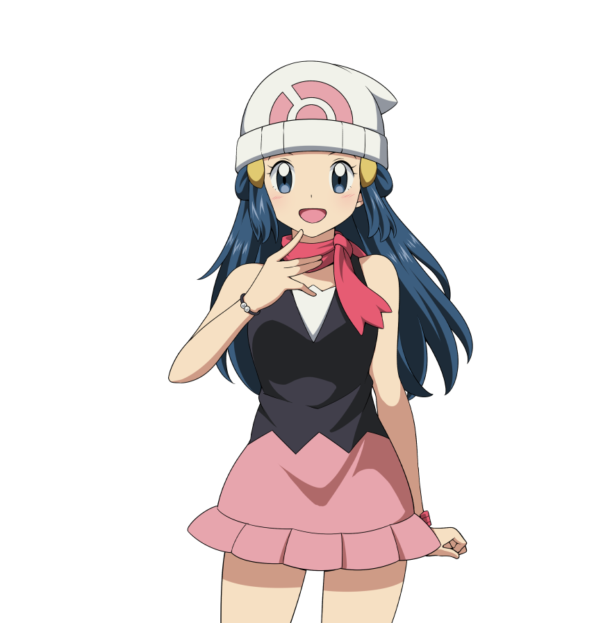 1girl :d beanie black_shirt blush bracelet commentary_request cowboy_shot eyelashes grey_eyes hair_ornament hairclip hand_up hat hikari_(pokemon) jewelry long_hair looking_at_viewer open_mouth pokemon pokemon_(game) pokemon_dppt scarf shirt skirt sleeveless sleeveless_shirt smile solo suitenan transparent_background white_headwear