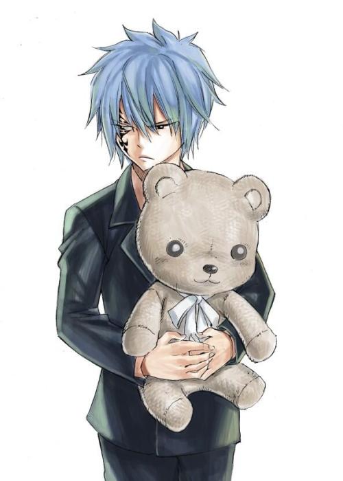 1boy blue_hair facial_mark fairy_tail formal hair_between_eyes holding holding_stuffed_toy jellal_fernandes long_sleeves looking_away male_focus mashima_hiro simple_background solo spiky_hair stuffed_animal stuffed_toy suit tattoo teddy_bear white_background