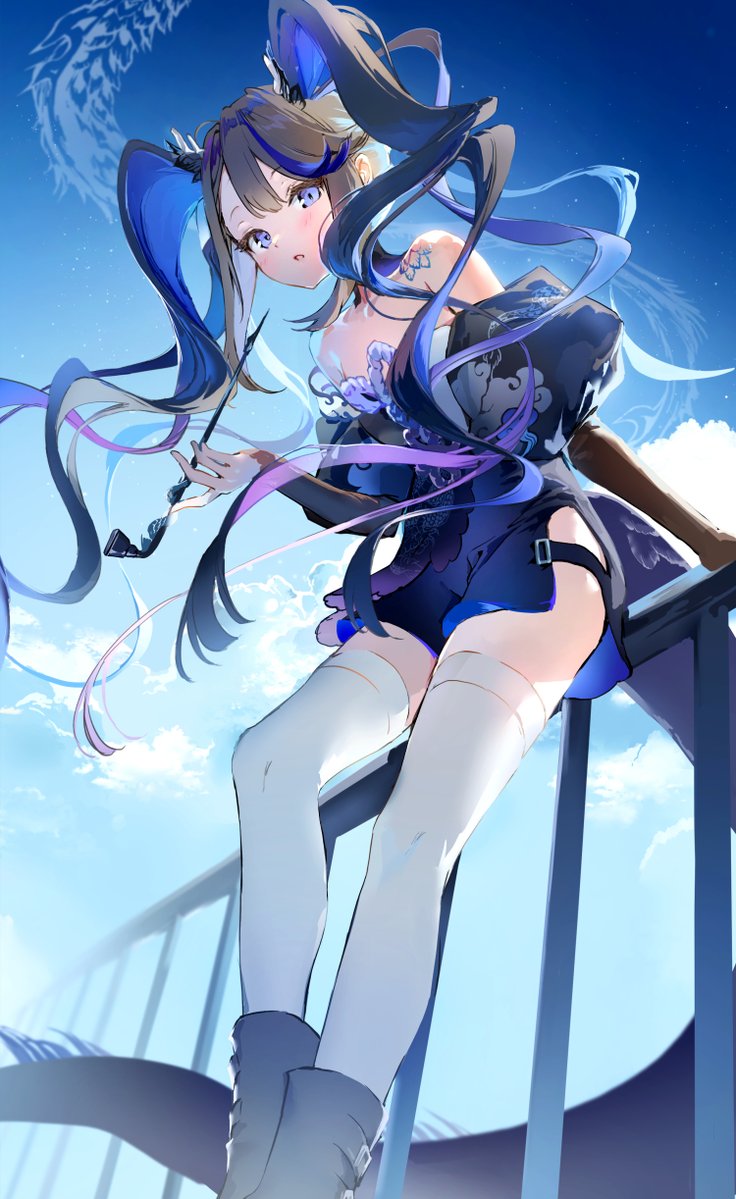 1girl airi_kanna anmi bare_shoulders black_hair blue_eyes blush boots clouds cloudy_sky colored_inner_hair day fence from_below from_side holding holding_smoking_pipe leaning_on_object long_hair looking_at_viewer multicolored_hair railing sky smoking_pipe solo thigh-highs twintails virtual_youtuber white_thighhighs yumepercent