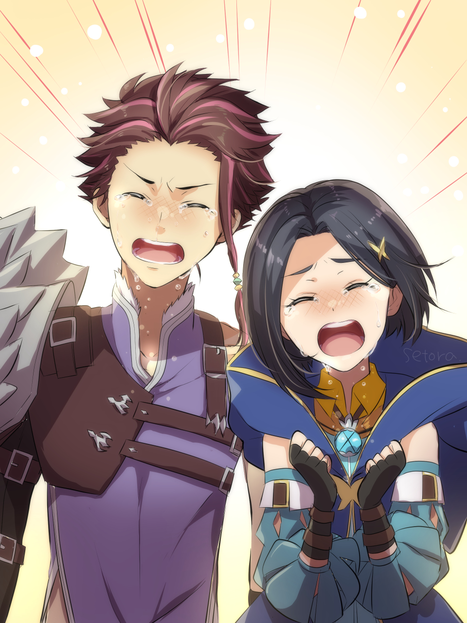 1boy 1girl bad_id bad_pixiv_id black_gloves black_hair blush brown_hair closed_eyes collared_shirt crying facing_viewer fingerless_gloves gloves highres hood hood_down law_(tales) multicolored_hair open_mouth pink_hair purple_vest rinwell_(tales) setora shirt short_hair spiky_hair tales_of_(series) tales_of_arise tears two-tone_hair vest wing_collar yellow_shirt