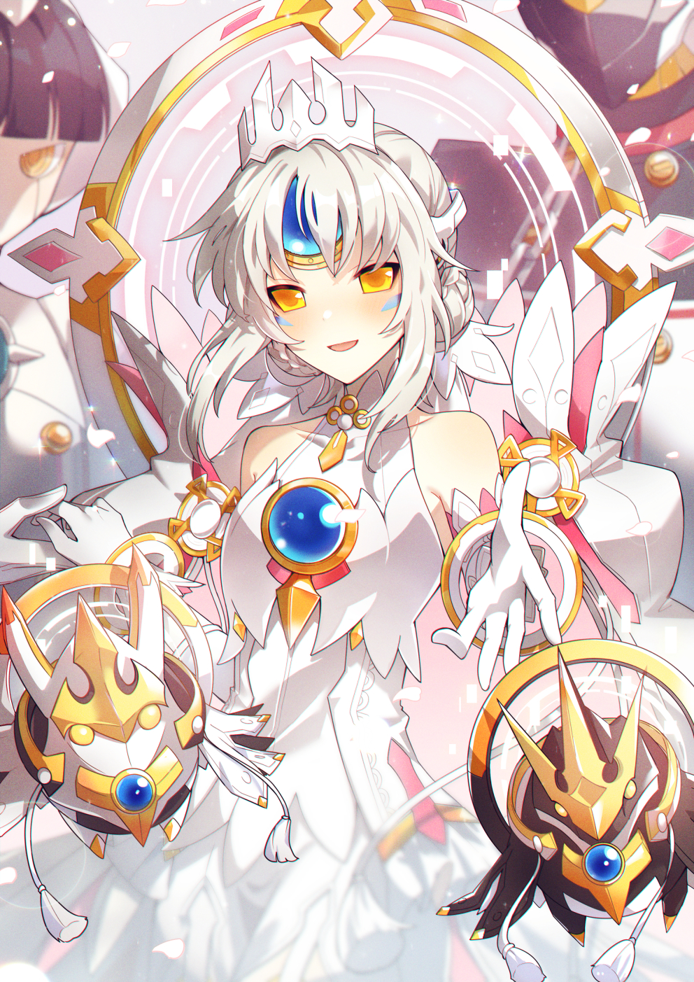 1boy 2girls android bare_shoulders blush chest_jewel code:_esencia_(elsword) commentary detached_sleeves dress elbow_gloves elsword eve_(elsword) floating forehead_jewel gloves highres holding_hands jewelry looking_at_viewer moby_(elsword) multiple_girls oberon_(elsword) open_mouth ophelia_(elsword) reaching_towards_viewer remy_(elsword) robot sasa_(sa1008va) smile tiara white_dress white_gloves white_hair white_sleeves yellow_eyes