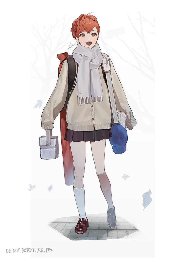 1girl backpack bag bangs black_skirt blue_headwear btmr_game cardigan eyelashes full_body hat holding holding_bag leaf long_sleeves open_mouth persona persona_3 persona_3_portable pleated_skirt ponytail scarf shiomi_kotone signature skirt sleeves_past_fingers sleeves_past_wrists socks solo standing tree white_scarf white_socks