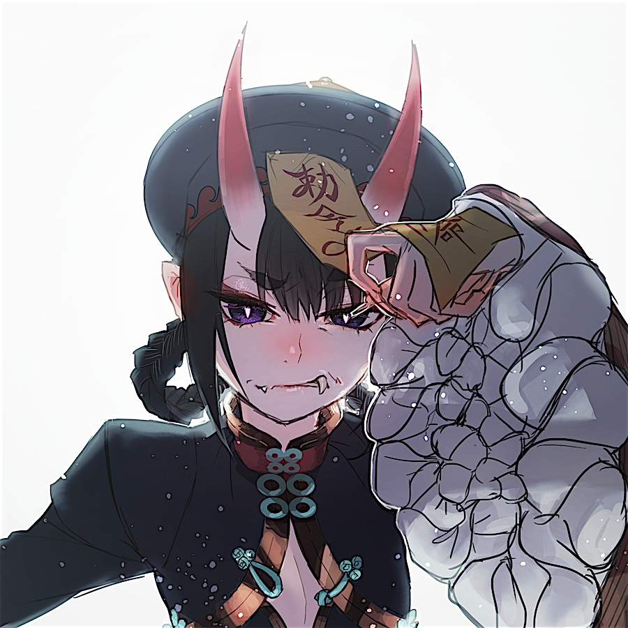 1girl backlighting black_hair chinese_clothes eyeliner fangs fate/grand_order fate_(series) fingernails frilled_sleeves frills frown hair_rings hat horns isagiyo jiangshi jiangshi_costume long_hair looking_at_viewer makeup ofuda oni oni_horns pointy_ears qing_guanmao sharp_fingernails short_eyebrows shuten_douji_(fate) shuten_douji_(festival_outfit)_(fate) simple_background skin-covered_horns solo upper_body very_long_fingernails violet_eyes white_background