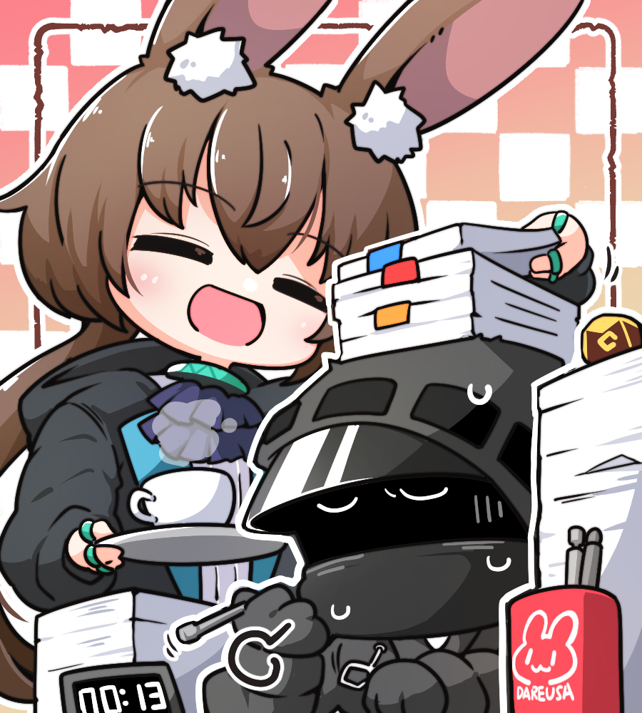 1girl 1other :d =_= ambiguous_gender amiya_(arknights) animal_ear_fluff animal_ears arknights ascot black_gloves black_jacket blue_ascot brown_hair clock cup doctor_(arknights) gloves holding holding_pen holding_tray hood hood_down hood_up hooded_jacket jacket jewelry kado_(hametunoasioto) long_hair mask multiple_rings object_on_head open_clothes open_jacket open_mouth paper_stack pen ponytail rabbit_ears ring shirt smile teacup tray very_long_hair white_shirt