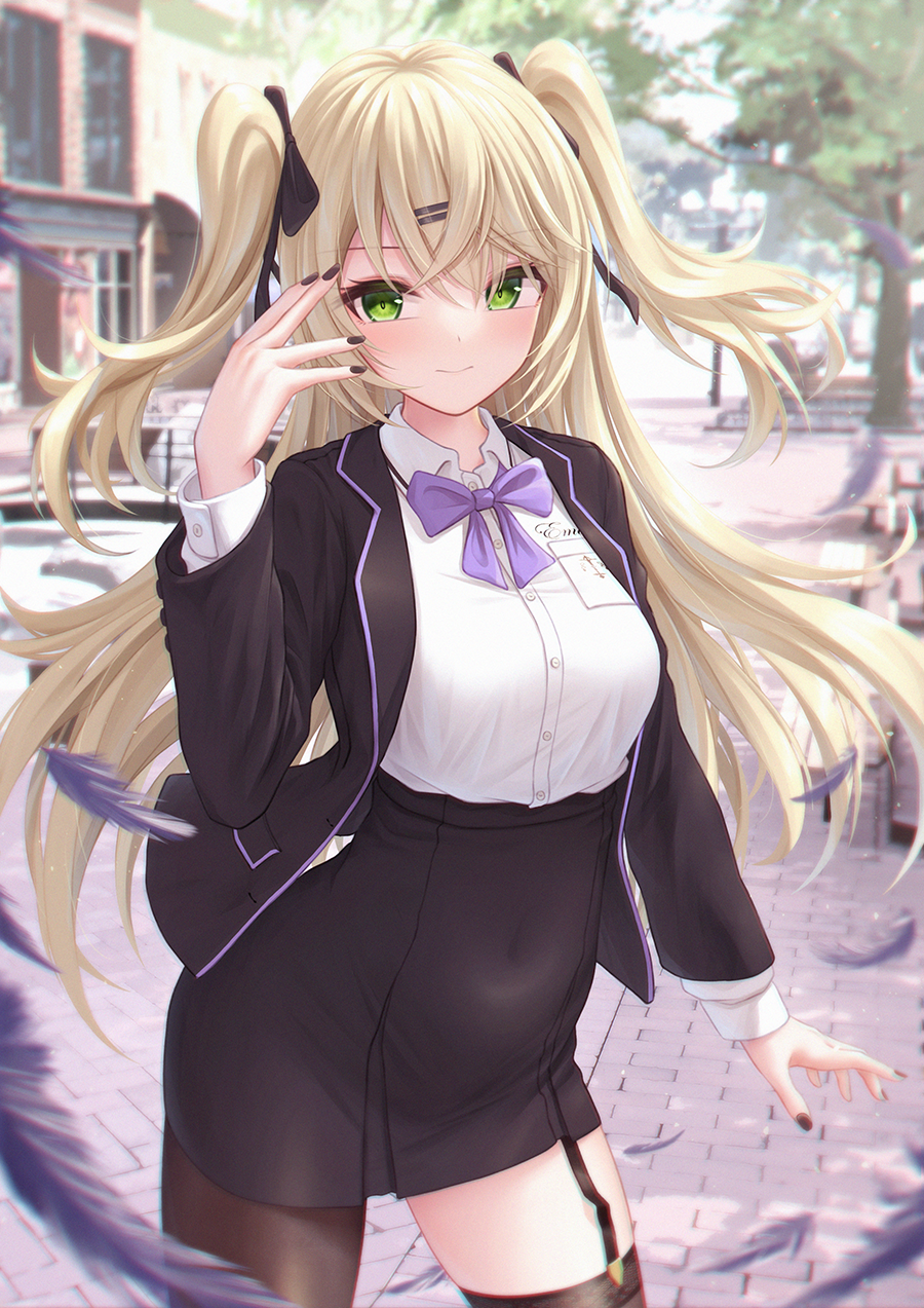 1girl bae.c bangs black_bow black_jacket black_nails black_skirt blonde_hair blush bow breasts brown_pantyhose building closed_mouth collared_shirt commentary_request day dress_shirt feathers fischl_(genshin_impact) garter_straps genshin_impact green_eyes hair_between_eyes hair_bow hair_ornament hairclip hand_up highres jacket long_hair long_sleeves looking_at_viewer medium_breasts nail_polish open_clothes open_jacket outdoors pantyhose pleated_skirt purple_feathers shirt single_leg_pantyhose skirt solo tree two_side_up very_long_hair white_shirt window