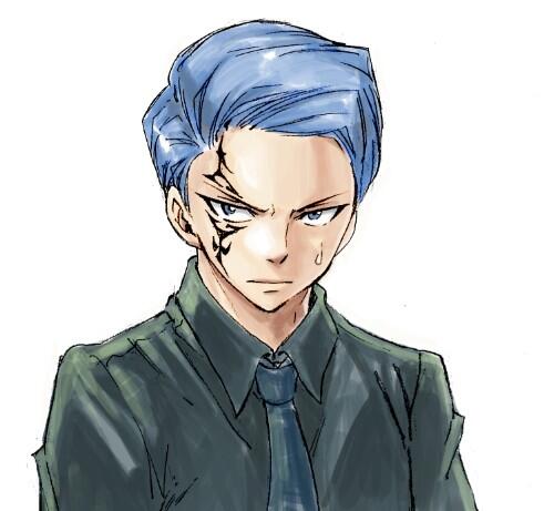 1boy blue_eyes blue_hair closed_mouth facial_mark fairy_tail formal frown hair_slicked_back jellal_fernandes lowres male_focus mashima_hiro necktie short_hair simple_background solo suit sweatdrop tattoo white_background