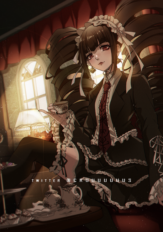 1girl artist_name bangs black_hair black_skirt black_thighhighs bonnet celestia_ludenberg couch criis-chan cup danganronpa:_trigger_happy_havoc danganronpa_(series) dress_shirt drill_hair earrings frilled_shirt frills gothic_lolita hair_ornament holding holding_cup indoors jacket jewelry lace-trimmed_skirt lace_trim lamp layered_skirt lolita_fashion long_hair long_sleeves looking_at_viewer nail_polish necktie open_clothes open_jacket print_necktie red_eyes red_necktie ribbon-trimmed_thighhighs shirt sitting skirt smile solo thigh-highs twin_drills twintails window