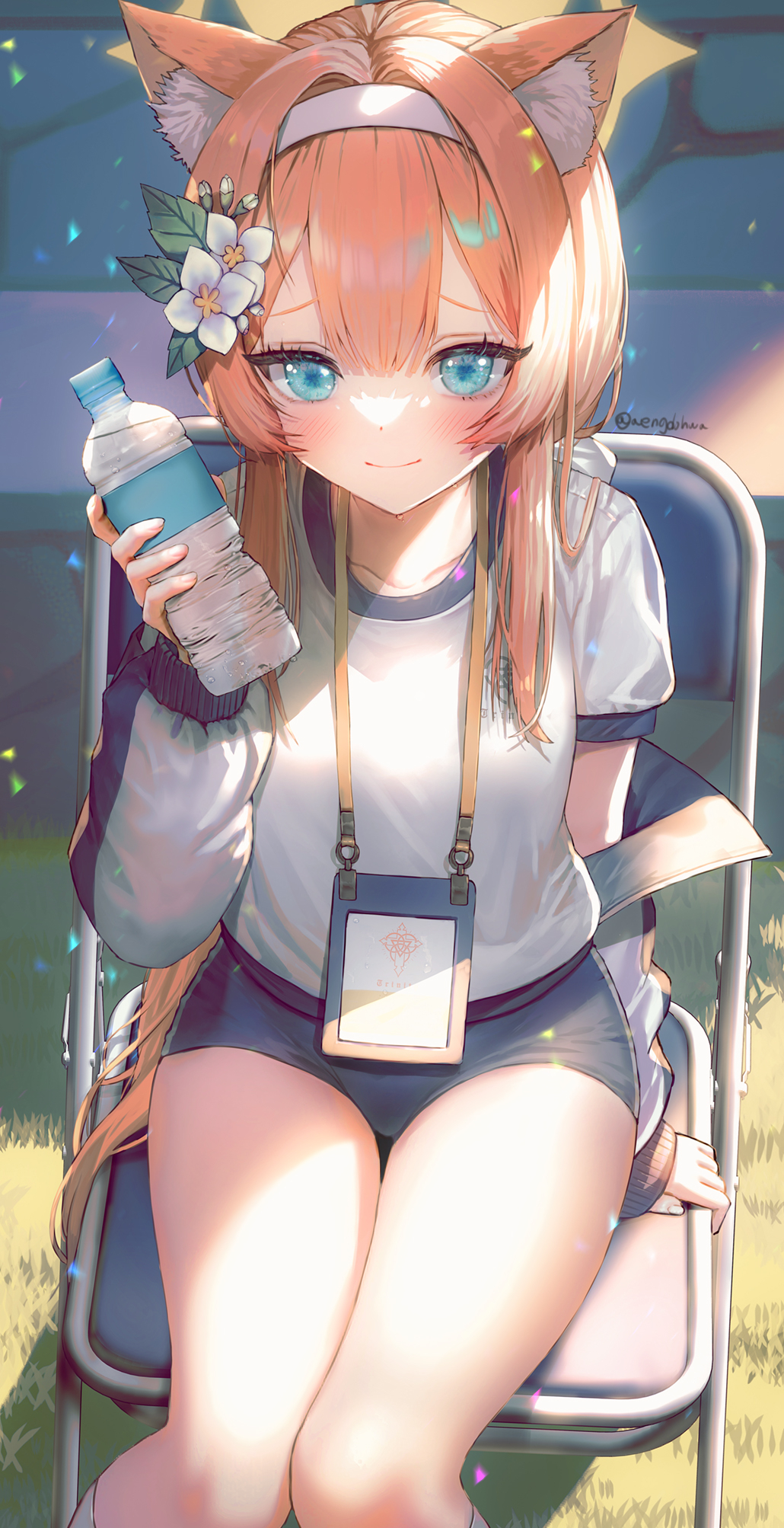 1girl animal_ear_fluff animal_ears blue_archive blue_eyes blush bottle chair closed_mouth flower from_above gym_shorts gym_uniform hair_flower hair_ornament hairband halo hanato_(seonoaiko) highres holding holding_bottle jacket lanyard long_hair looking_at_viewer mari_(blue_archive) mari_(gym_uniform)_(blue_archive) multicolored_clothes multicolored_jacket official_alternate_costume orange_hair plastic_bottle ponytail shirt shorts sitting solo thighs track_jacket two-tone_jacket water_bottle white_flower white_hairband white_shirt