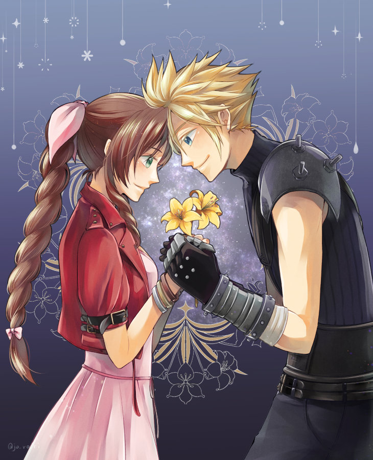 1boy 1girl aerith_gainsborough armor bangle bangs belt black_gloves blonde_hair blue_background blue_eyes blue_pants blue_shirt bracelet breasts brown_hair cloud_strife cowboy_shot cropped_jacket dress final_fantasy final_fantasy_vii final_fantasy_vii_remake flower forehead-to-forehead gloves green_eyes hair_between_eyes hair_ribbon heads_together holding holding_flower holding_hands jacket jewelry jo_ro_ri leaning_forward lily_(flower) long_hair looking_at_another medium_breasts multiple_belts pants parted_bangs pink_dress pink_ribbon red_jacket ribbon shirt short_hair short_sleeves shoulder_armor sidelocks sleeveless sleeveless_turtleneck smile spiky_hair turtleneck twitter_username yellow_flower