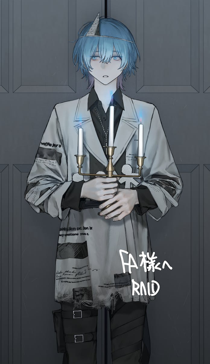1boy belt black_pants black_shirt blue-fire blue_eyes blue_hair candelabra coat colored_inner_hair commission cross cross_necklace english_commentary ghost grey_coat highres hirota_tsuu jewelry long_sleeves male_focus multicolored_hair necklace original pants parted_lips shirt short_hair skeb_commission solo triangular_headpiece