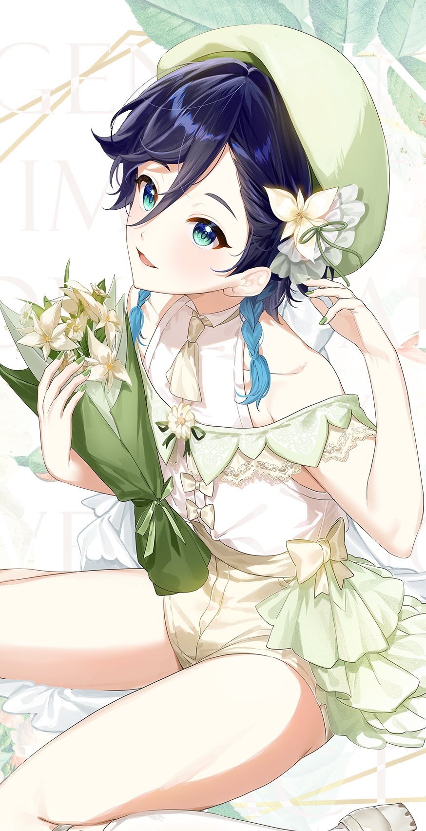 1boy androgynous aqua_hair bangs bare_shoulders beret black_hair blush bouquet bow braid collarbone commentary_request copyright_name fingernails flower genshin_impact gradient_hair green_eyes green_headwear green_nails green_ribbon hair_between_eyes hair_flower hair_ornament hand_up hat high-waist_shorts highres holding holding_bouquet kkopoli leaf long_hair male_focus medium_hair multicolored_hair nail_polish necktie open_mouth otoko_no_ko ribbon shirt short_necktie short_shorts shorts side_braids sidelocks sitting sleeveless sleeveless_shirt smile socks solo twin_braids venti_(genshin_impact) wariza white_flower white_shirt white_socks yellow_bow yellow_necktie yellow_shorts