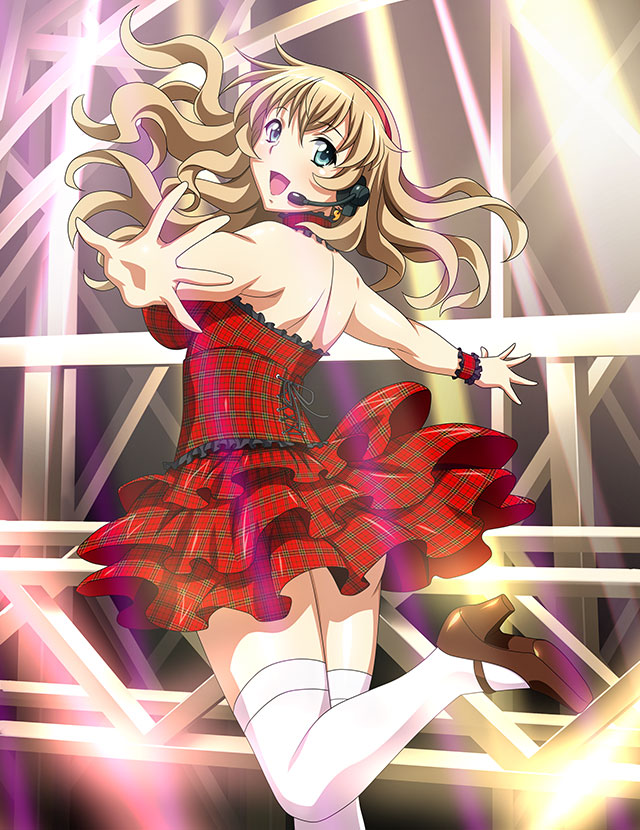 1girl :d ass bare_arms blonde_hair brown_footwear floating_hair from_side hairband headset idol ikkitousen layered_skirt long_hair microphone miniskirt outstretched_arms outstretched_hand plaid plaid_skirt red_hairband red_skirt shiny shiny_hair shoulder_blades skirt skirt_set sleeveless smile solo sonken_chuubou stage standing standing_on_one_leg thigh-highs white_thighhighs zettai_ryouiki