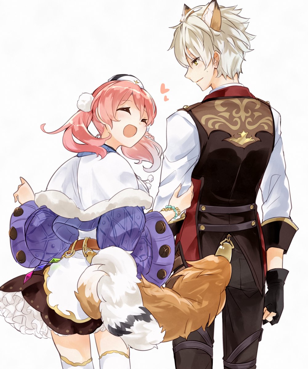 1boy 1girl animal_ears atelier_(series) atelier_escha_&amp;_logy blush choker closed_eyes escha_malier from_behind gloves hat heart holding_another's_arm karasumi_(aiseec) logix_ficsario long_sleeves looking_at_another open_mouth pants pink_hair shirt short_hair simple_background skirt smile standing tail thigh-highs twintails vest white_background white_hair white_shirt wide_sleeves
