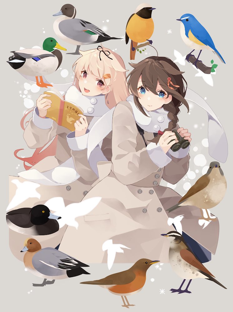 2girls ahoge animal binoculars bird black_ribbon blonde_hair blue_eyes blush book braid brown_hair closed_mouth coat hair_between_eyes hair_flaps hair_ornament hair_ribbon hairclip holding holding_binoculars holding_book kantai_collection long_hair long_sleeves multiple_girls open_mouth red_eyes ribbon shakemi_(sake_mgmgmg) shigure_(kancolle) shigure_kai_ni_(kancolle) single_braid smile white_coat yuudachi_(kancolle) yuudachi_kai_ni_(kancolle)