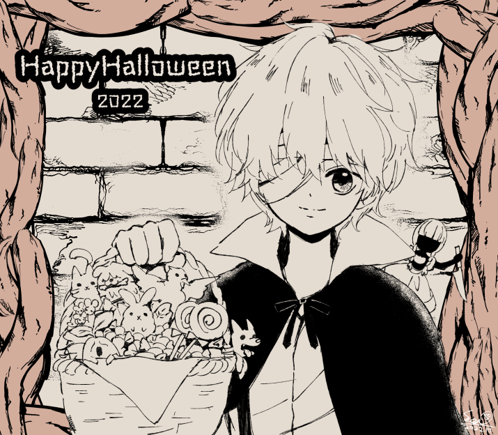 1boy bandage_over_one_eye basket cape costume halloween happy_halloween holding holding_basket mad_father official_art robin_(mad_father) seeen short_hair smile solo vampire_costume