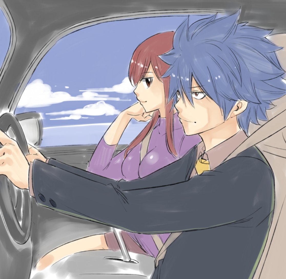 1boy 1girl bangs blue_hair blue_sky breasts brown_eyes car car_interior couple driving erza_scarlet facial_mark fairy_tail formal from_side ground_vehicle hair_between_eyes hetero jacket jellal_fernandes long_hair long_sleeves mashima_hiro motor_vehicle necktie profile redhead short_hair skirt sky smile spiky_hair steering_wheel tattoo turtleneck