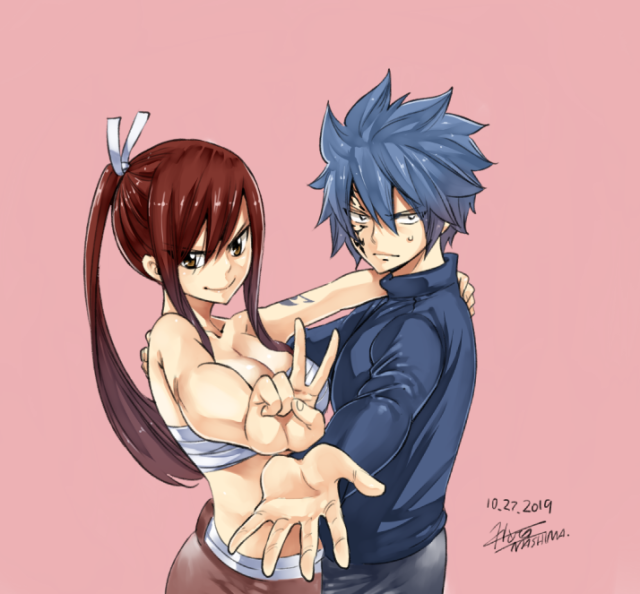 1boy 1girl artist_name bandaged_chest bare_shoulders blue_hair breasts brown_eyes couple dated erza_scarlet facial_mark fairy_tail hair_between_eyes hetero jellal_fernandes long_hair long_sleeves looking_at_viewer mashima_hiro outstretched_hand palms pink_background ponytail redhead ribbon short_hair signature smile spiky_hair sweatdrop tattoo turtleneck white_ribbon