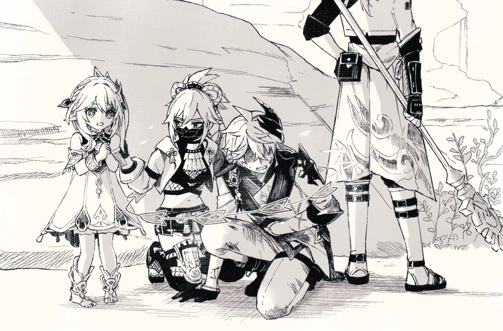 2boys 2girls bangs clenched_teeth detached_sleeves dress fingerless_gloves genshin_impact gloves greyscale hair_ornament holding holding_polearm holding_weapon injury jacket japanese_clothes kneeling kujou_sara mask mask_on_head monochrome mouth_mask multiple_boys multiple_girls nahida_(genshin_impact) ninja_mask one_knee pants pointy_ears polearm ponytail scarf shaded_face side_ponytail spear standing tartaglia_(genshin_impact) teeth thoma_(genshin_impact) togatamaki weapon