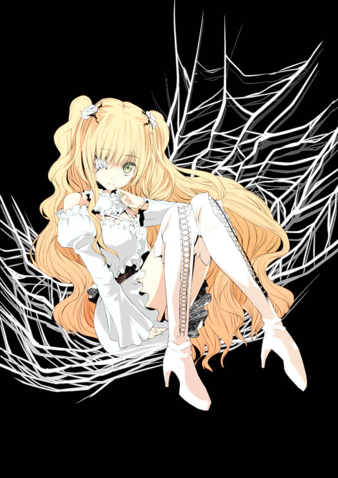 1girl bare_shoulders black_background blonde_hair boots closed_mouth cross-laced_footwear detached_sleeves doll_joints dress flower flower_over_eye frilled_dress frilled_shirt frilled_sleeves frills hair_flower hair_ornament head_tilt high_heel_boots high_heels joints juliet_sleeves kazumiya_akira kirakishou knee_boots lace-up_boots lolita_fashion long_hair long_sleeves puffy_sleeves rose rozen_maiden shirt sidelocks silk simple_background sitting skirt solo spider_web two_side_up very_long_hair white_flower white_footwear white_rose white_shirt white_skirt yellow_eyes