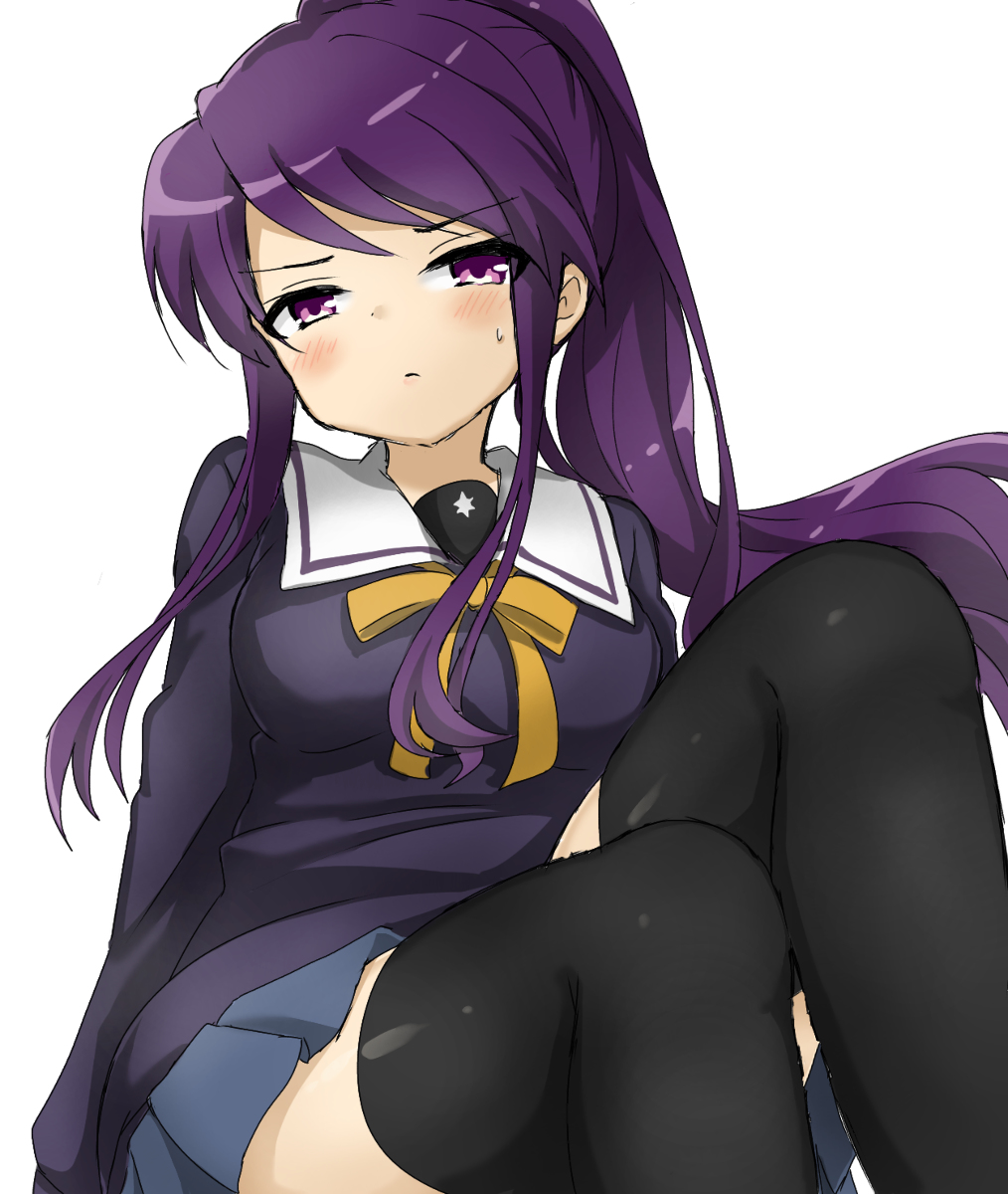 1girl bangs black_thighhighs blue_skirt blush bow breasts character_request closed_mouth commentary_request copyright_request floating_hair furrowed_brow hara_yui_(style) hexagram highres long_sleeves looking_at_viewer marihei64ds medium_breasts pleated_skirt purple_hair purple_serafuku school_uniform serafuku shiny shiny_clothes shiny_hair shiny_legwear shiny_skin sidelocks simple_background sitting skirt solo sweat sweatdrop swept_bangs thigh-highs uniform violet_eyes white_background yellow_bow